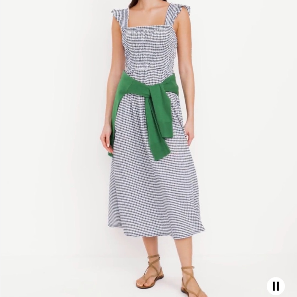 Old Navy Navy Blue and White Gingham Fit & Flare Lightweight Smocked Midi Dress